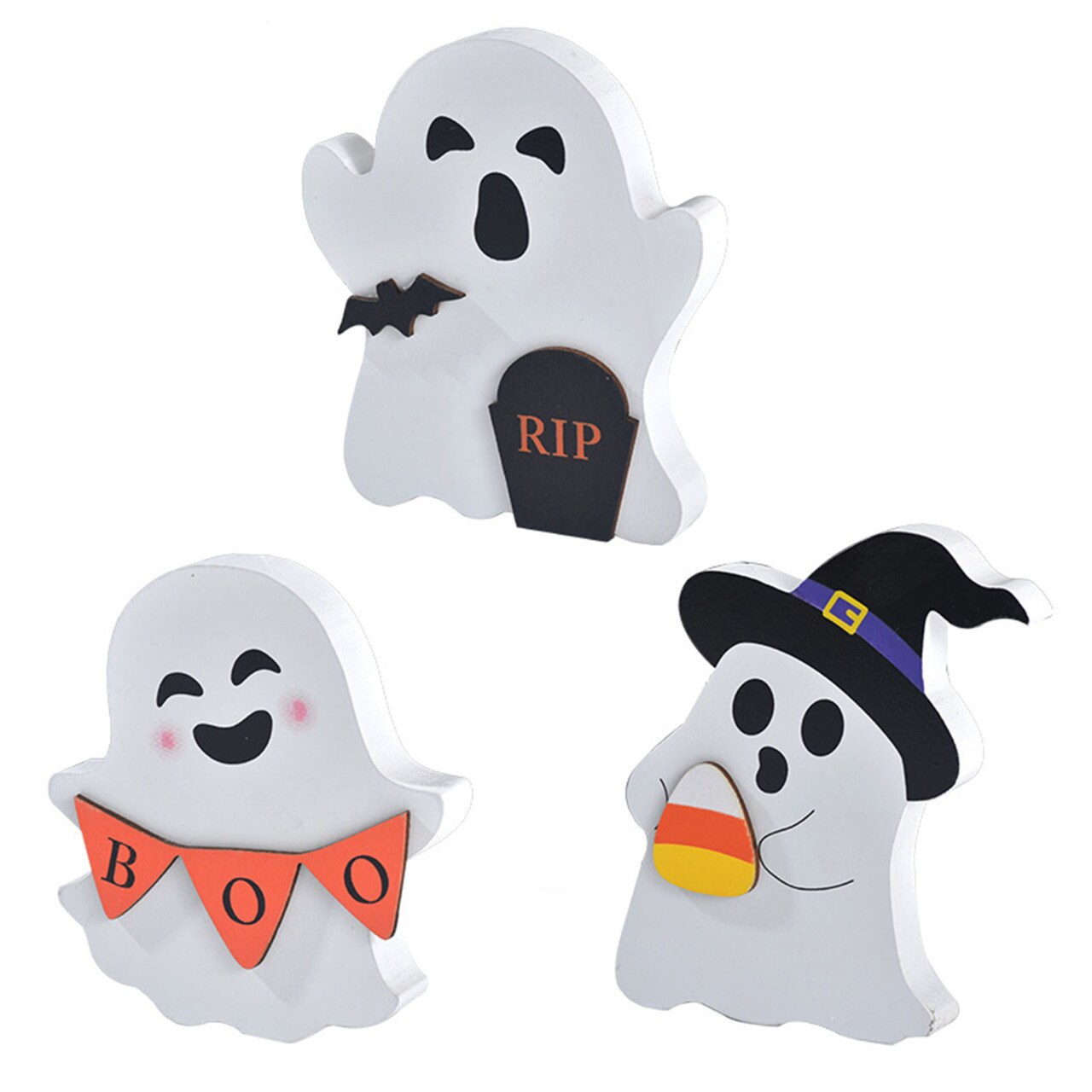 1 Pc/3 Pcs Halloween Ghost Decorations Wooden Ghost Tiered Tray Sign Ghost Ornament With Tombstone Witch Hat For Festive